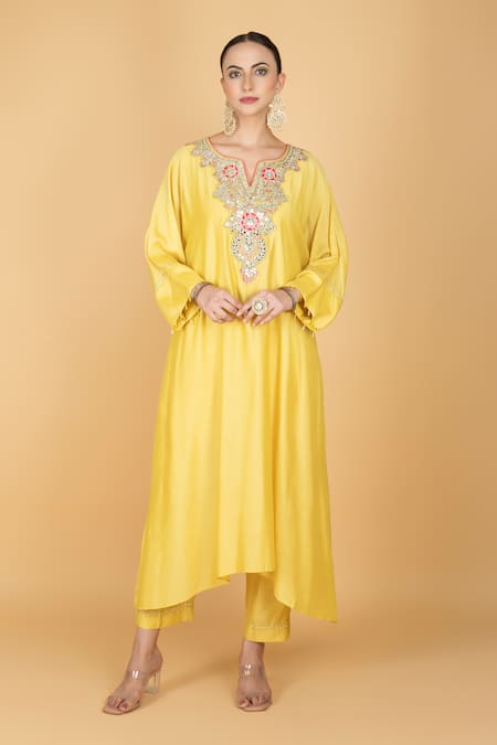 Tanu Malhotra Yellow Cotton, Silk Embroidery Split V-neck Lime Kaftaan And Pant Set 