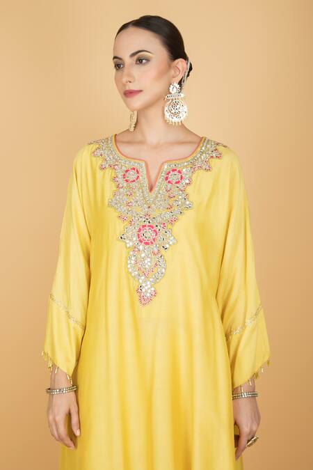 Tanu Malhotra_Yellow Cotton, Silk Embroidery Split V-neck Lime Kaftaan And Pant Set _at_Aza_Fashions