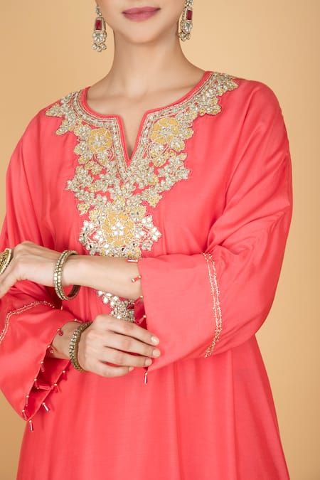 Shop_Tanu Malhotra_Coral Cotton, Silk Embroidery V-neck Pink Kaftaan And Pant Set _Online_at_Aza_Fashions