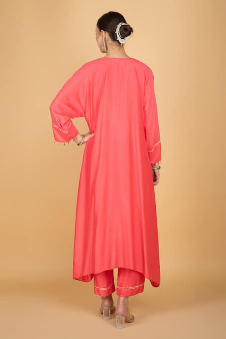 Tanu Malhotra Coral Pink Kaftaan & Pant Set 