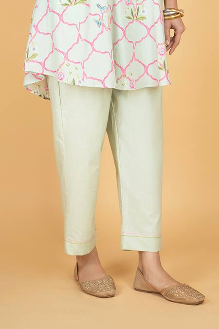 Shop_Tanu Malhotra_Green Cotton Embroidery Round Neck Floral Print Short Kurta And Pant Set _Online_at_Aza_Fashions