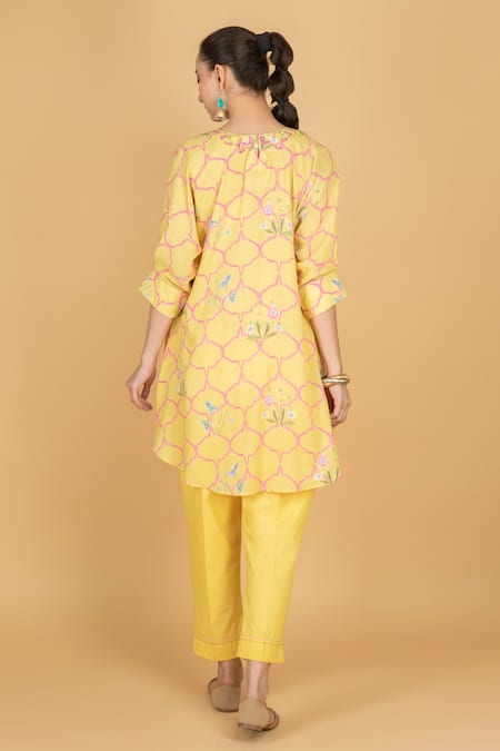 Tanu Malhotra Floral Print Lime Yellow Kurta & Pant Set 