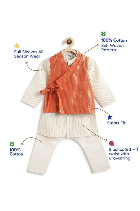 Shop_Tiber Taber_White Cotton, Lurex Orange Designer Kurta Pyjama Set _Online_at_Aza_Fashions