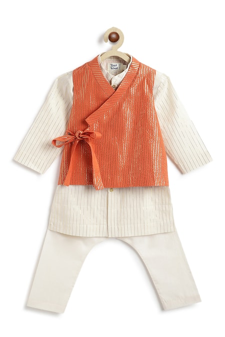 Tiber Taber White Cotton, Lurex Orange Designer Kurta Pyjama Set 