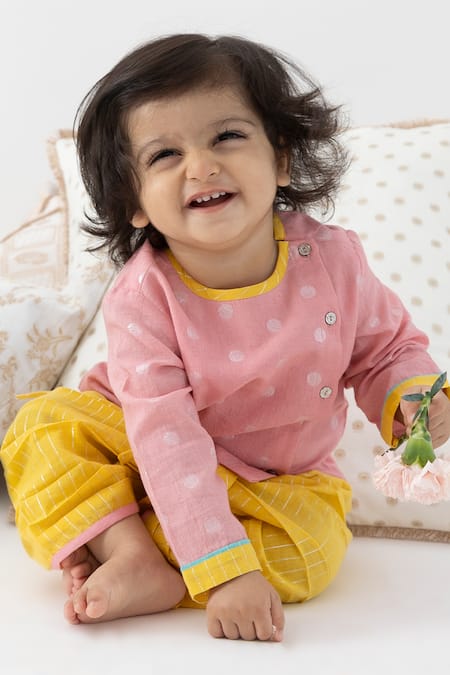 Tiber Taber Pink Cotton Embroidery Lurex Kurta And Dhoti Pant Set 
