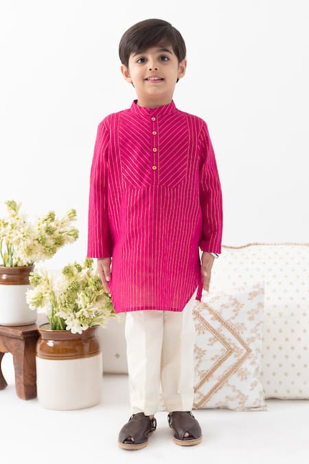 Tiber Taber Pink Cotton Self Woven Kurta And Pant Set 