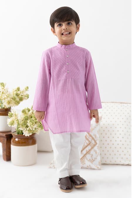 Tiber Taber Purple Cotton, Lurex Self Woven Kurta And Pant Set 