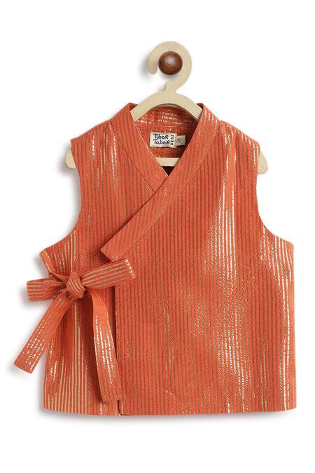 Shop_Tiber Taber_White Cotton, Lurex Zari Designer Orange Kurta Churidar Set 