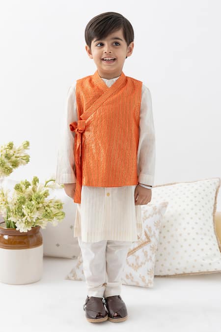 Tiber Taber White Cotton, Lurex Zari Designer Orange Kurta Churidar Set 