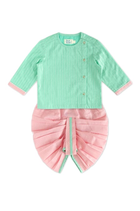 Tiber Taber Green Cotton, Lurex Designer Kurta And Dhoti Pant Set