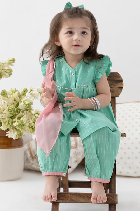 Tiber Taber Green Cotton, Lurex, Chiffon Embroidery Kurta Set