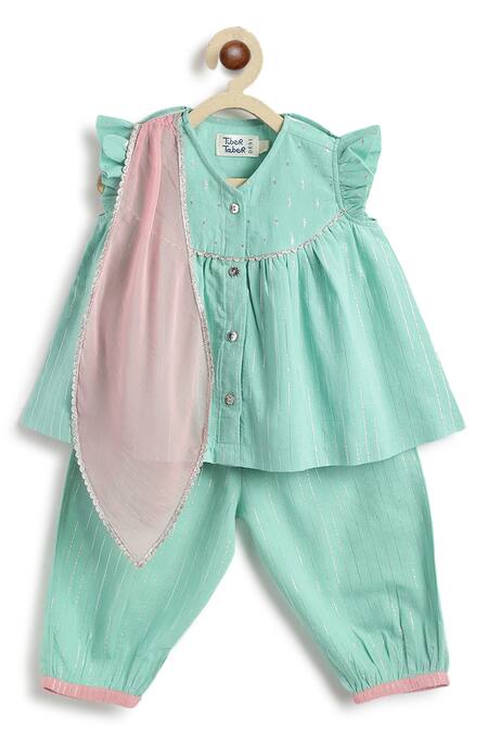 Shop_Tiber Taber_Green Cotton, Lurex, Chiffon Embroidery Kurta Set 