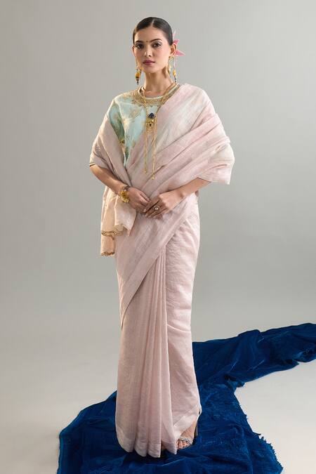 Buy Anantaa By Roohi X AZA Pink Silk, Chanderi Sequins, Crystals, Cut Work, Saree And Mint Blouse Set Buy_Anantaa By Roohi X AZA_Pink Silk, Chanderi Sequins, Crystals, Cut Work, Saree And Mint Blouse Set