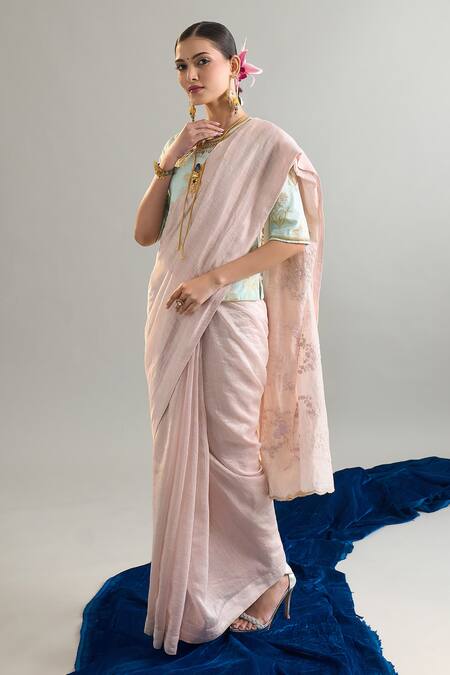 Shop_Anantaa By Roohi X AZA_Pink Chanderi Silk Sequins, Crystals, Cut Work, Zari Embroidered Saree _Online_at_Aza_Fashions