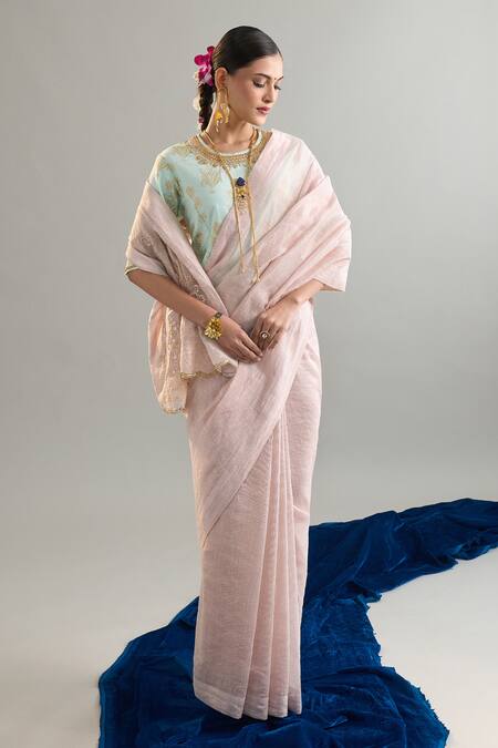 Buy_Anantaa By Roohi X AZA_Pink Chanderi Silk Sequins, Crystals, Cut Work, Zari Embroidered Saree 