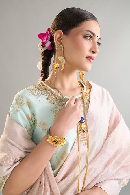 Shop_Anantaa By Roohi X AZA_Pink Chanderi Silk Sequins, Crystals, Cut Work, Zari Embroidered Saree 
