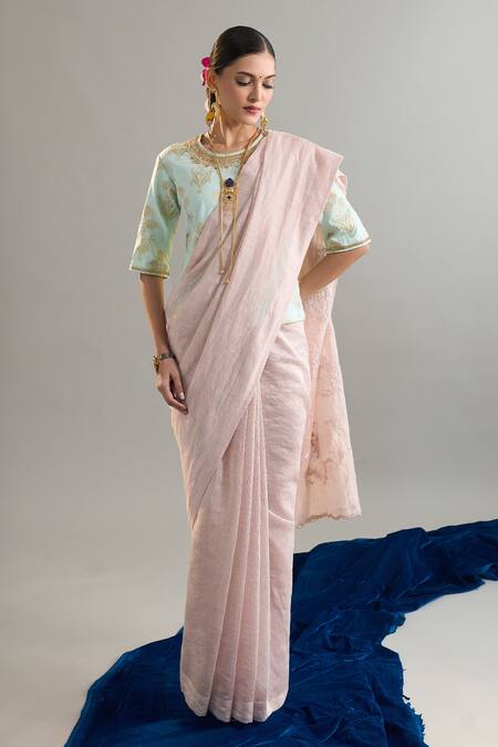 Anantaa By Roohi X AZA_Mint Sequins, Cut Work, Embroidery Round Neck Banarasi Blouse _at_Aza_Fashions