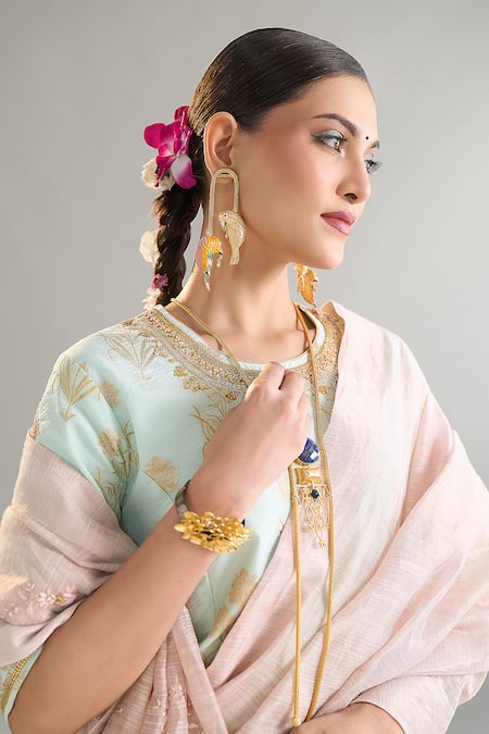 Shop_Anantaa By Roohi X AZA_Mint Sequins, Cut Work, Embroidery Round Neck Banarasi Blouse 