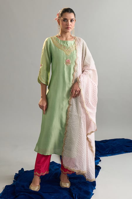 Shop_Anantaa By Roohi X AZA_Green Silk, Chanderi Embroidery, Sequins Round Neck Kurta Pant Set _Online_at_Aza_Fashions