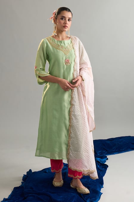 Shop_Anantaa By Roohi X AZA_Green Silk, Chanderi Embroidery, Sequins Round Neck Kurta Pant Set 