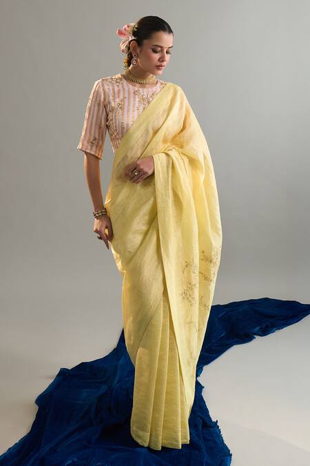 Shop_Anantaa By Roohi X AZA_Pink Silk, Chanderi Embroidery Round Neck Striped Blouse _Online_at_Aza_Fashions