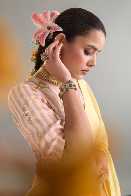Anantaa By Roohi X AZA_Pink Silk, Chanderi Embroidery Round Neck Striped Blouse _at_Aza_Fashions