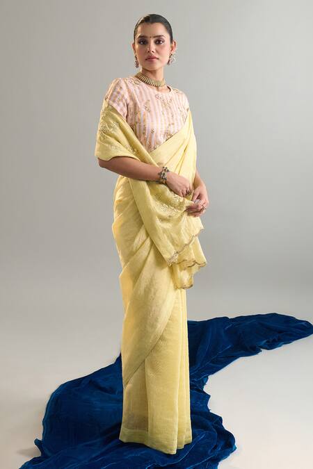 Shop_Anantaa By Roohi X AZA_Pink Silk, Chanderi Embroidery Round Neck Striped Blouse 