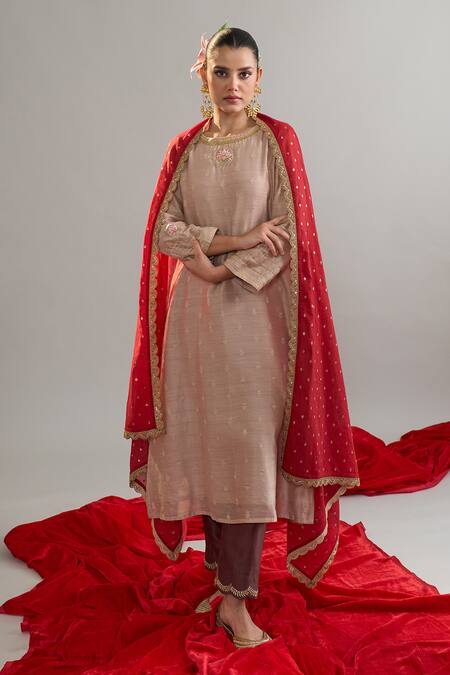 Shop_Anantaa By Roohi X AZA_Brown Silk, Chanderi Sequins, Embroidery Round Neck Zari Motif Kurta Set _Online_at_Aza_Fashions