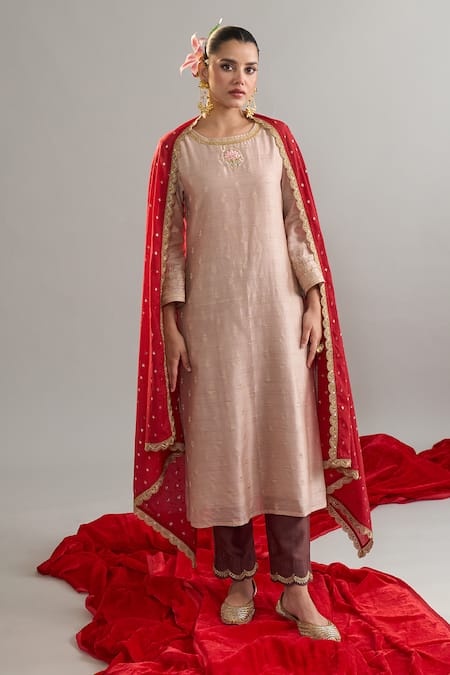 Anantaa By Roohi X AZA_Brown Silk, Chanderi Sequins, Embroidery Round Neck Zari Motif Kurta Set _at_Aza_Fashions