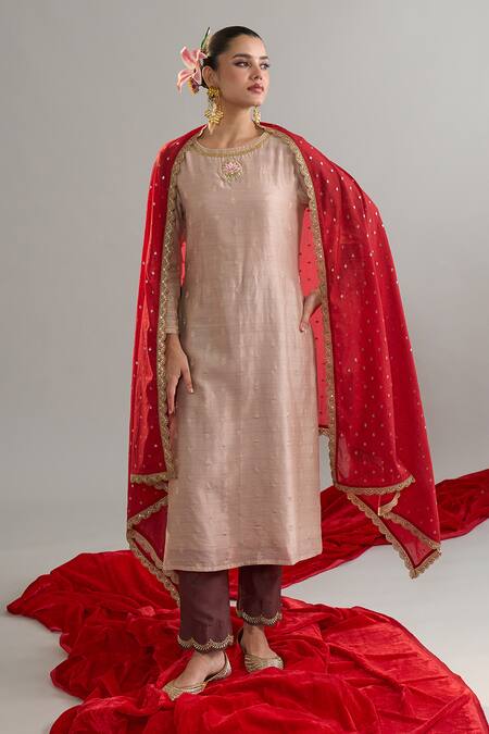 Buy_Anantaa By Roohi X AZA_Brown Silk, Chanderi Sequins, Embroidery Round Neck Zari Motif Kurta Set 