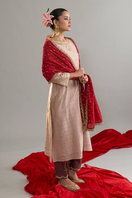 Shop_Anantaa By Roohi X AZA_Brown Silk, Chanderi Sequins, Embroidery Round Neck Zari Motif Kurta Set 