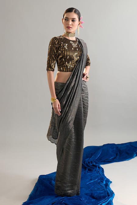 Buy_Anantaa By Roohi X AZA_Black Chanderi Silk Sequins, Crystals, Cut Work, Zari Embroidered Saree _Online_at_Aza_Fashions