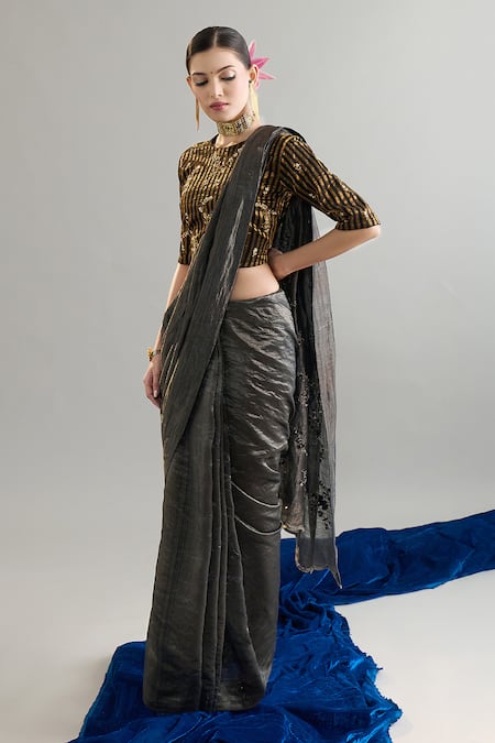 Shop_Anantaa By Roohi X AZA_Black Chanderi Silk Sequins, Crystals, Cut Work, Zari Embroidered Saree 