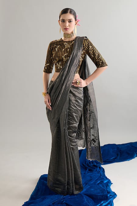 Anantaa By Roohi X AZA_Black Silk, Chanderi Sequins, Zari, Cut Work, Embroidery And Gold Striped Blouse _Online_at_Aza_Fashions