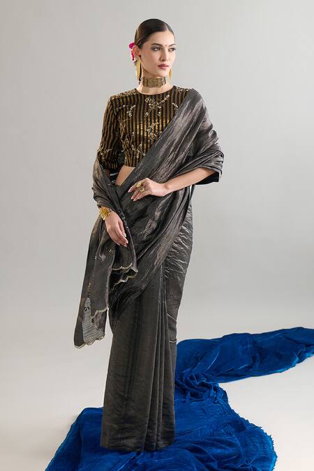 Buy_Anantaa By Roohi X AZA_Black Silk, Chanderi Sequins, Zari, Cut Work, Embroidery And Gold Striped Blouse _Online_at_Aza_Fashions