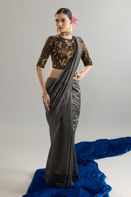 Anantaa By Roohi X AZA_Black Silk, Chanderi Sequins, Zari, Cut Work, Embroidery And Gold Striped Blouse _at_Aza_Fashions