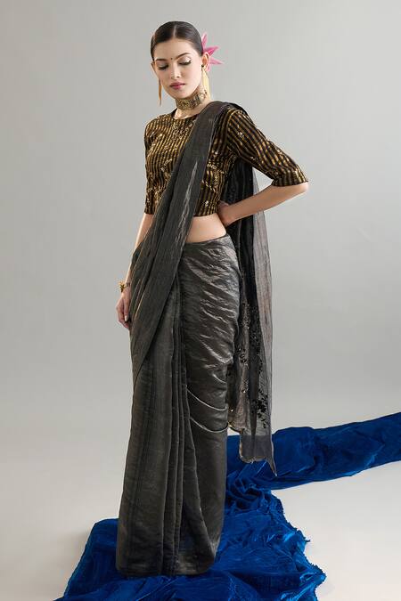 Shop_Anantaa By Roohi X AZA_Black Silk, Chanderi Sequins, Zari, Cut Work, Embroidery And Gold Striped Blouse 