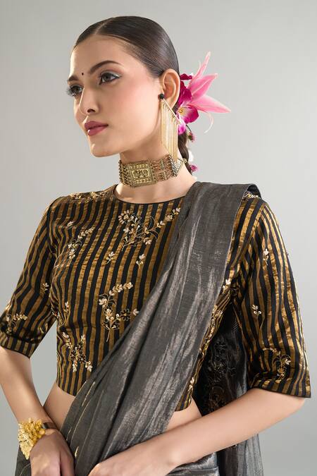 Shop_Anantaa By Roohi X AZA_Black Silk, Chanderi Sequins, Zari, Cut Work, Embroidery And Gold Striped Blouse _Online_at_Aza_Fashions