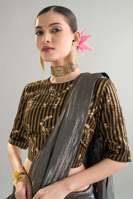 Buy_Anantaa By Roohi X AZA_Black Silk, Chanderi Sequins, Zari, Cut Work, Embroidery And Gold Striped Blouse 