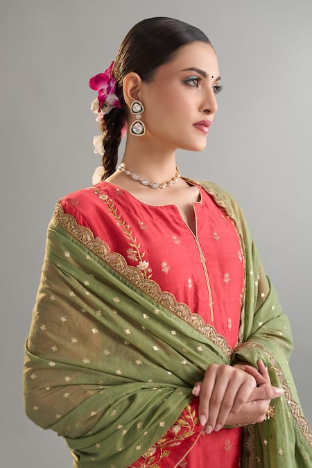 Shop_Anantaa By Roohi X AZA_Red Silk, Chanderi Sequins, Zari Round Neck Motif Kurta Set With Dupatta 