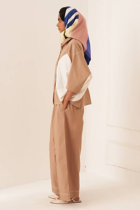 OFRIDA_Beige Cotton Collared Circular Designer Shirt _Online_at_Aza_Fashions