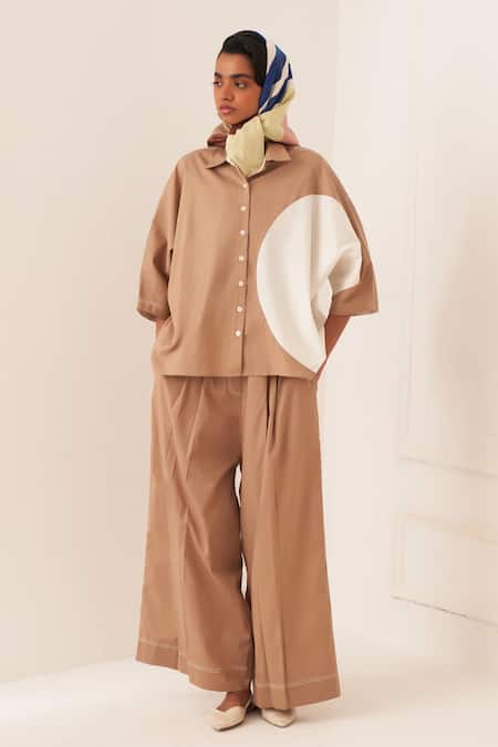 OFRIDA Beige Cotton Collared Circular Designer Shirt 
