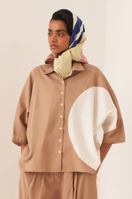 Buy_OFRIDA_Beige Cotton Collared Circular Designer Shirt _Online_at_Aza_Fashions