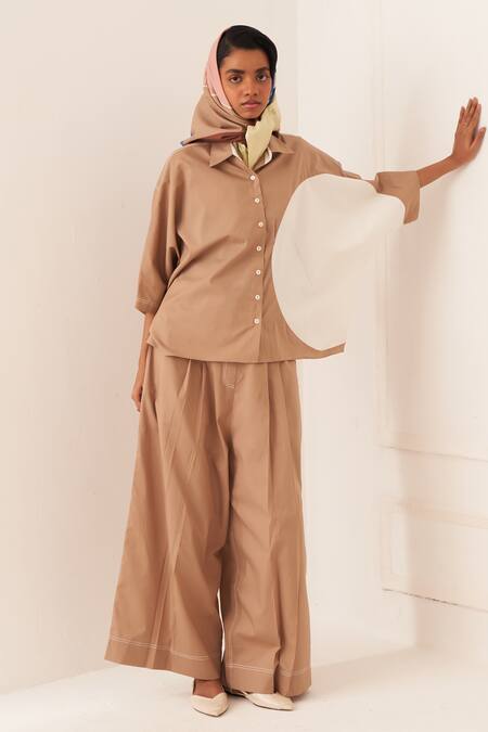 Shop_OFRIDA_Beige Cotton Collared Circular Designer Shirt _Online_at_Aza_Fashions