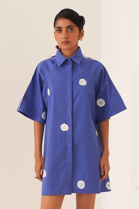 OFRIDA_Blue Cotton Collared Luna Aline Short Dress _Online_at_Aza_Fashions