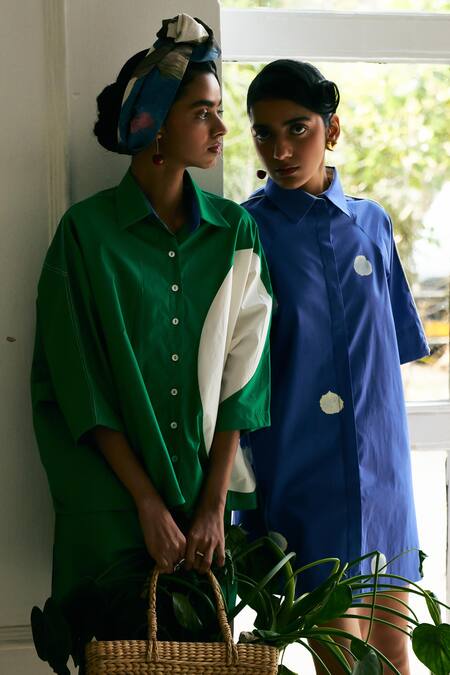 Buy_OFRIDA_Blue Cotton Collared Luna Aline Short Dress _Online_at_Aza_Fashions