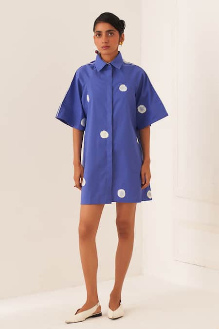 OFRIDA Blue Cotton Collared Luna Aline Short Dress