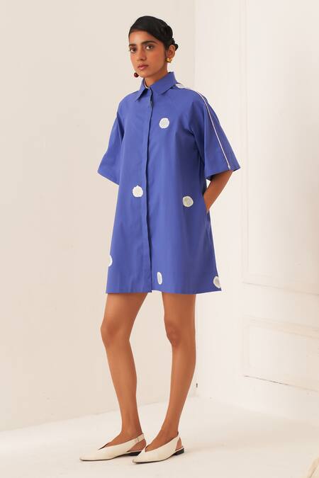 OFRIDA_Blue Cotton Collared Luna Aline Short Dress _at_Aza_Fashions