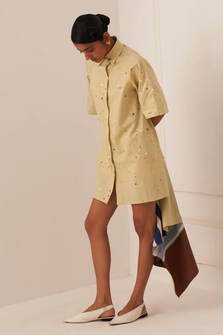 OFRIDA_Beige Cotton Collared Wc Limon A-line Short Dress _Online_at_Aza_Fashions