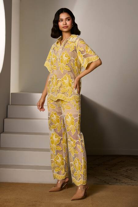 Label Deepika Nagpal Yellow Mesh Embroidery Collared Bonnie Sunshine Pant Co-ord Set Online at Aza Fashions Label Deepika Nagpal_Yellow Mesh Embroidery Collared Bonnie Sunshine Pant Co-ord Set_Online_at_Aza_Fashions